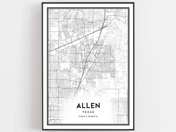 Allen Map Print Poster Wall Art Tx City Texas Street Decor Road Gift B874