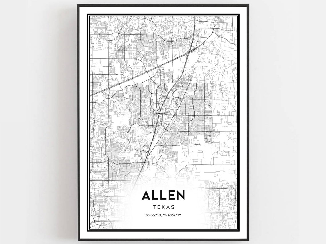Allen Texas Street Map Minimalist Black and White City Poster