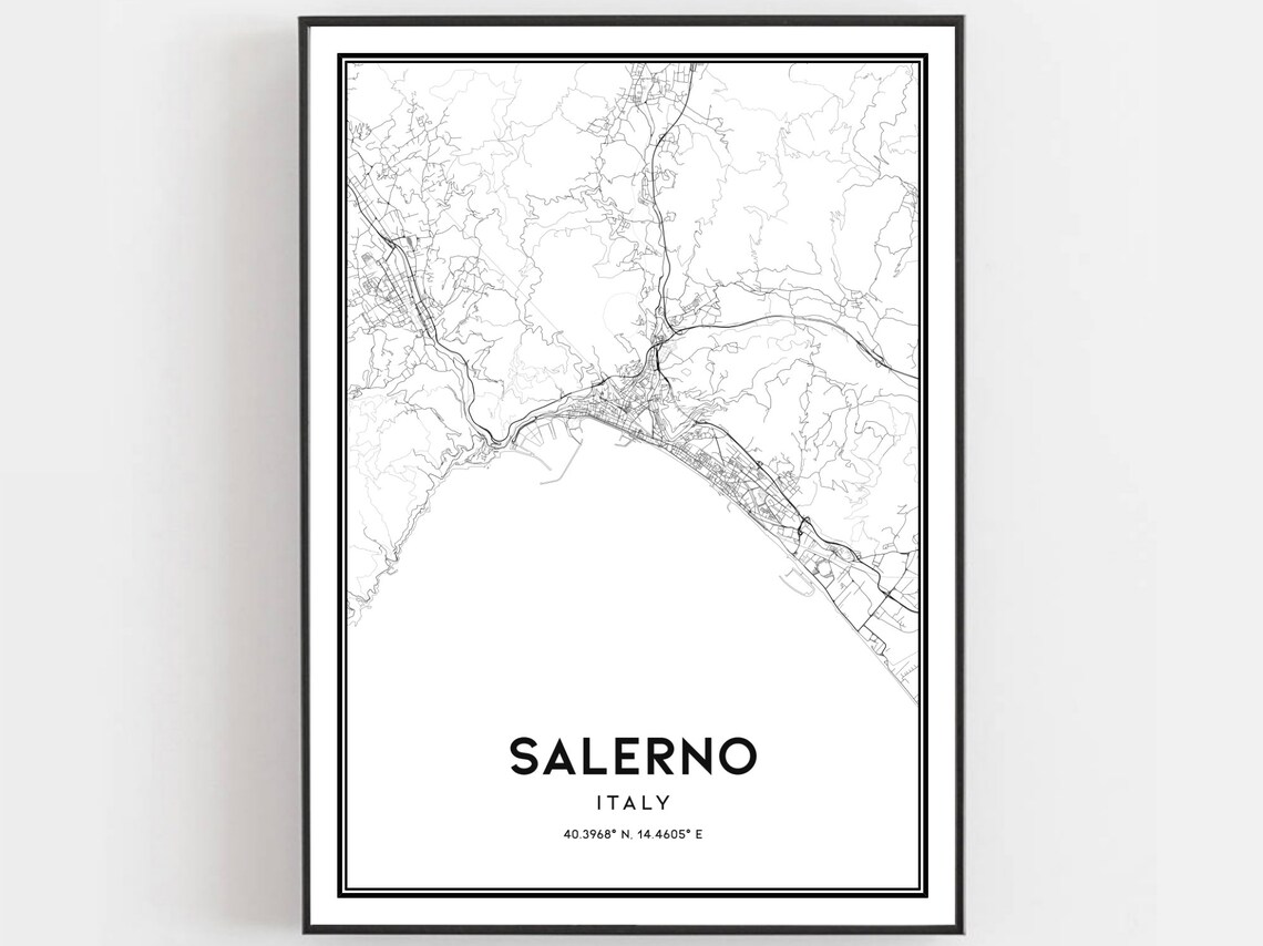 Salerno Italy Street Map Black White Minimalist Coordinates Wall Poster