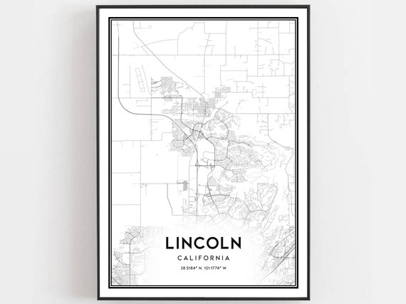 Lincoln Map Print Poster Wall Art Ca City Street Decor Road Gift B1458