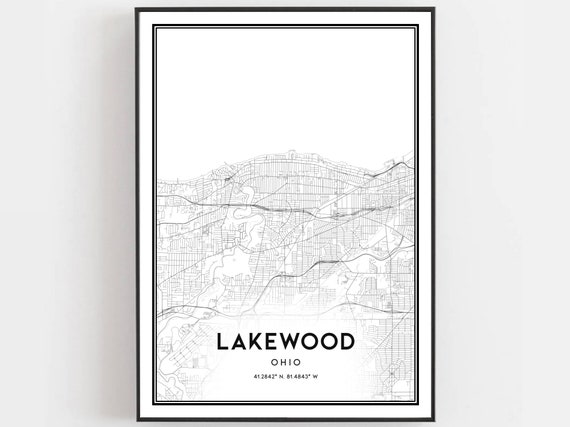 Lakewood Map Print Poster Wall Art Oh City Ohio Street Decor Road Gift