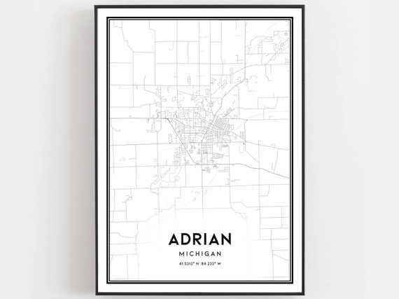 Adrian Map Print Poster Wall Art Mi City Michigan Street Decor Road Gift B1512