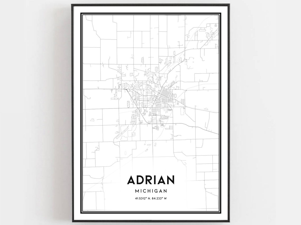 Adrian Michigan Minimalist Black White City Street Map Poster