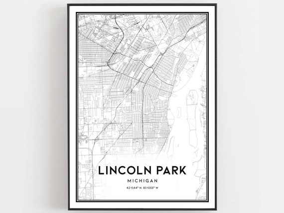 Lincoln Park Map Print Poster Wall Art Mi City Michigan Street Decor Road Gift B1688