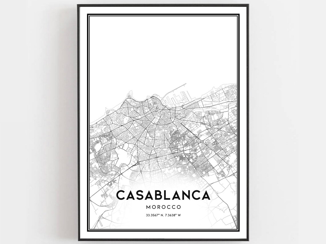 Casablanca Morocco Street Map Black White Modern Coordinates Wall Poster