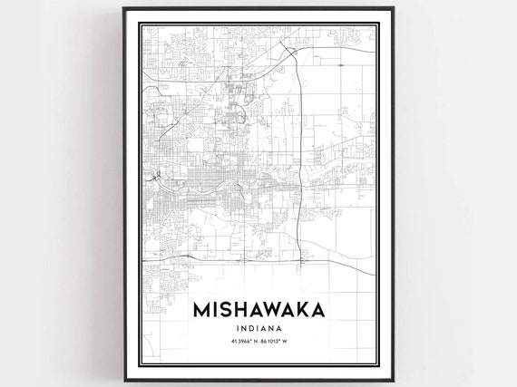Mishawaka Map Print Poster Wall Art In City Indiana Street Decor Road Gift B1421