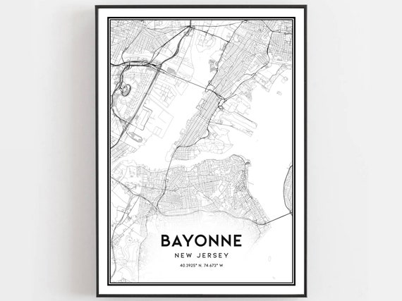 Bayonne Map Print Poster Wall Art Nj City New Jersey Street Decor Road Gift B1159