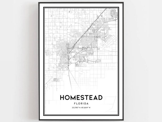 Homestead Map Print Poster Wall Art Fl City Florida Street Decor Road Gift B1136