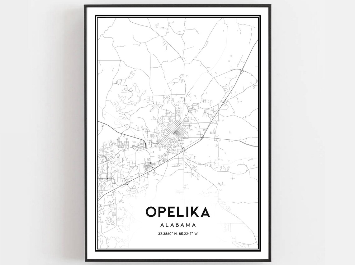 Opelika Map Print Poster, Alabama Street Decor