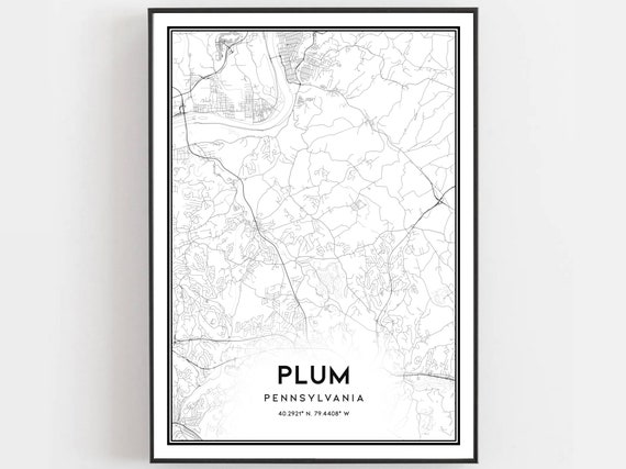 Plum Map Print Poster Wall Art Pa City Pennsylvania Street Decor Road Gift