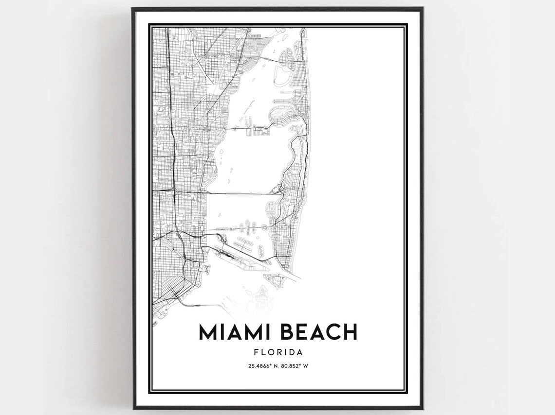 Miami Beach Map Poster Print, Florida Street Decor