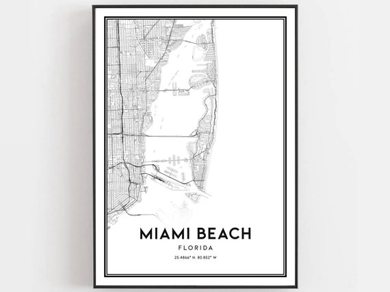 Miami Beach Map Poster Print, Florida Street Decor