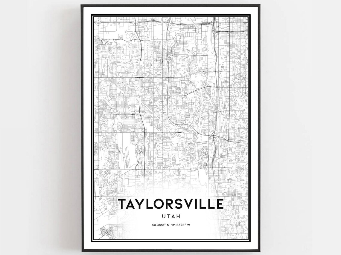 Taylorsville Utah Minimalist Black and White City Map Wall Art