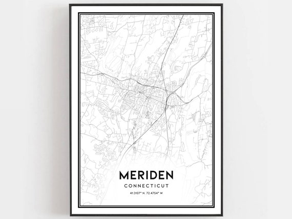 Meriden Map Print Poster Wall Art Ct City Connecticut Street Decor Road Gift B1244