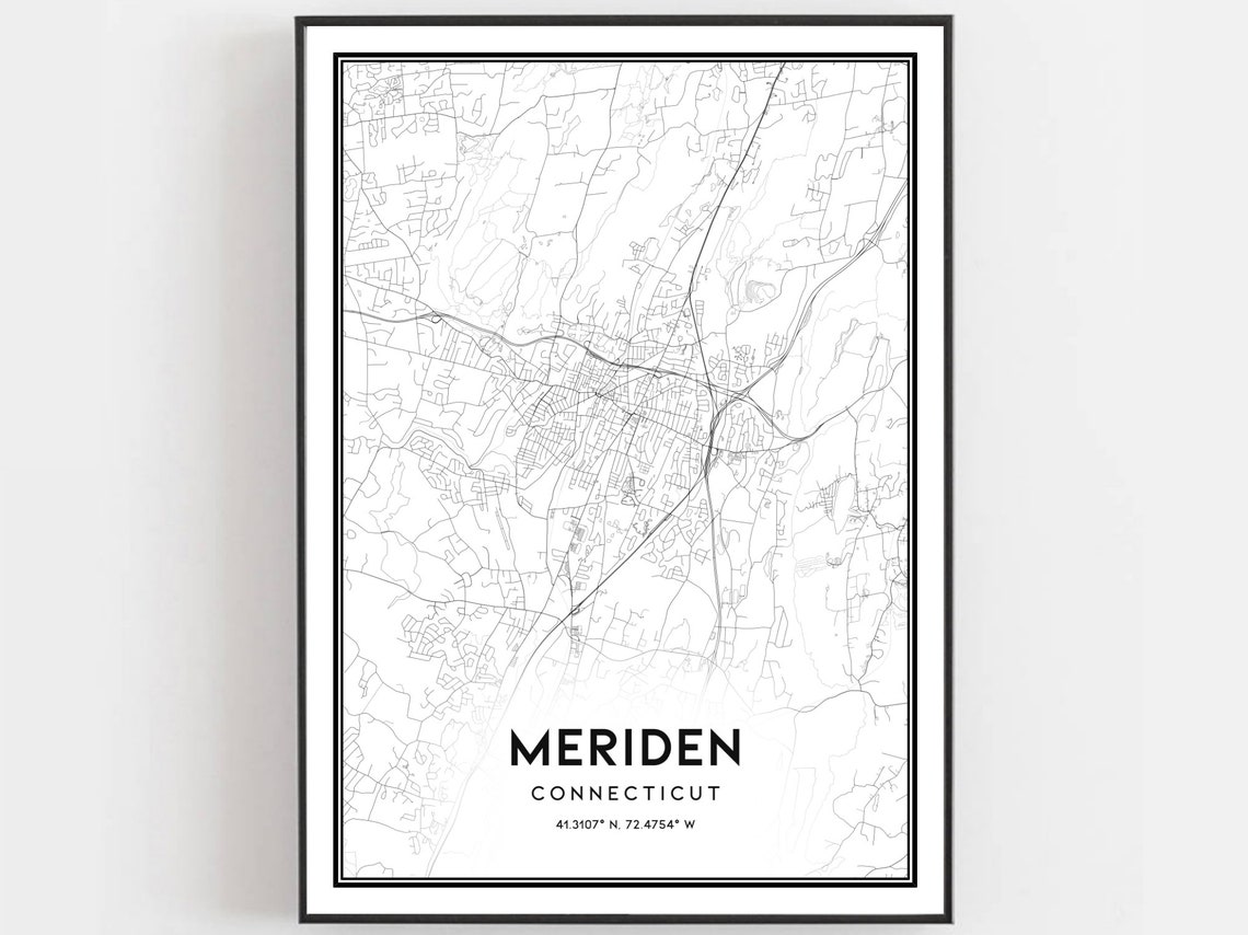 Meriden Connecticut Black and White City Street Map Wall Art Decor