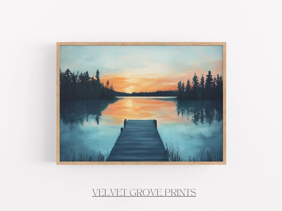 Sunset Lake Oil Painting Vintage Nature Scene Art