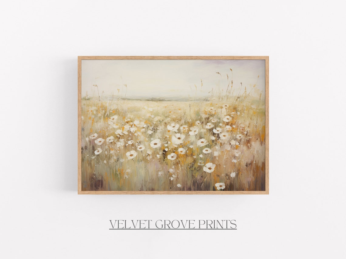 White Daisy Wildflower Meadow In Golden Light Floral Landscape Print