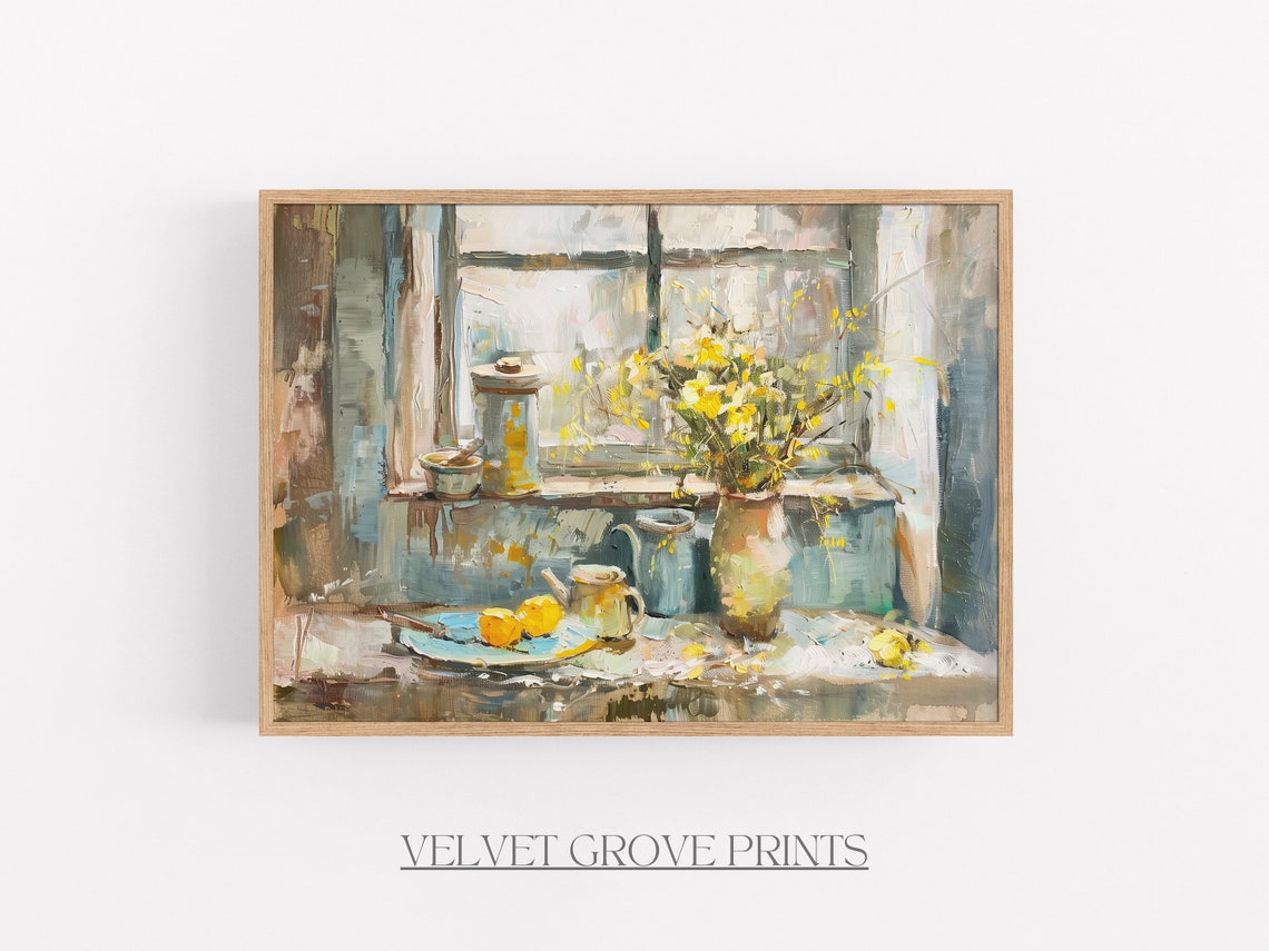 Rustic Country Kitchen Window Flowers Lemons Oil Painting Print