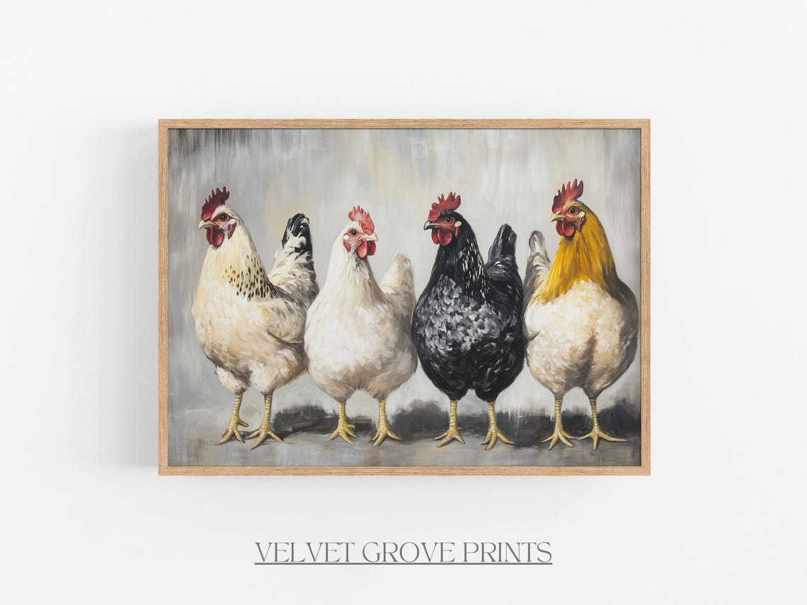 Four Chickens in a Row Vintage Farmhouse Funny Kitchen Wall Art