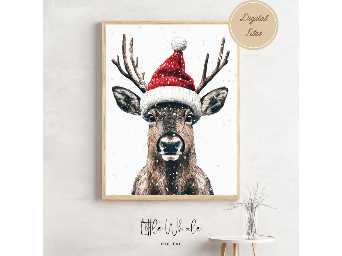 Deer Wearing a Santa Hat Watercolor Animal Portrait Christmas Poster