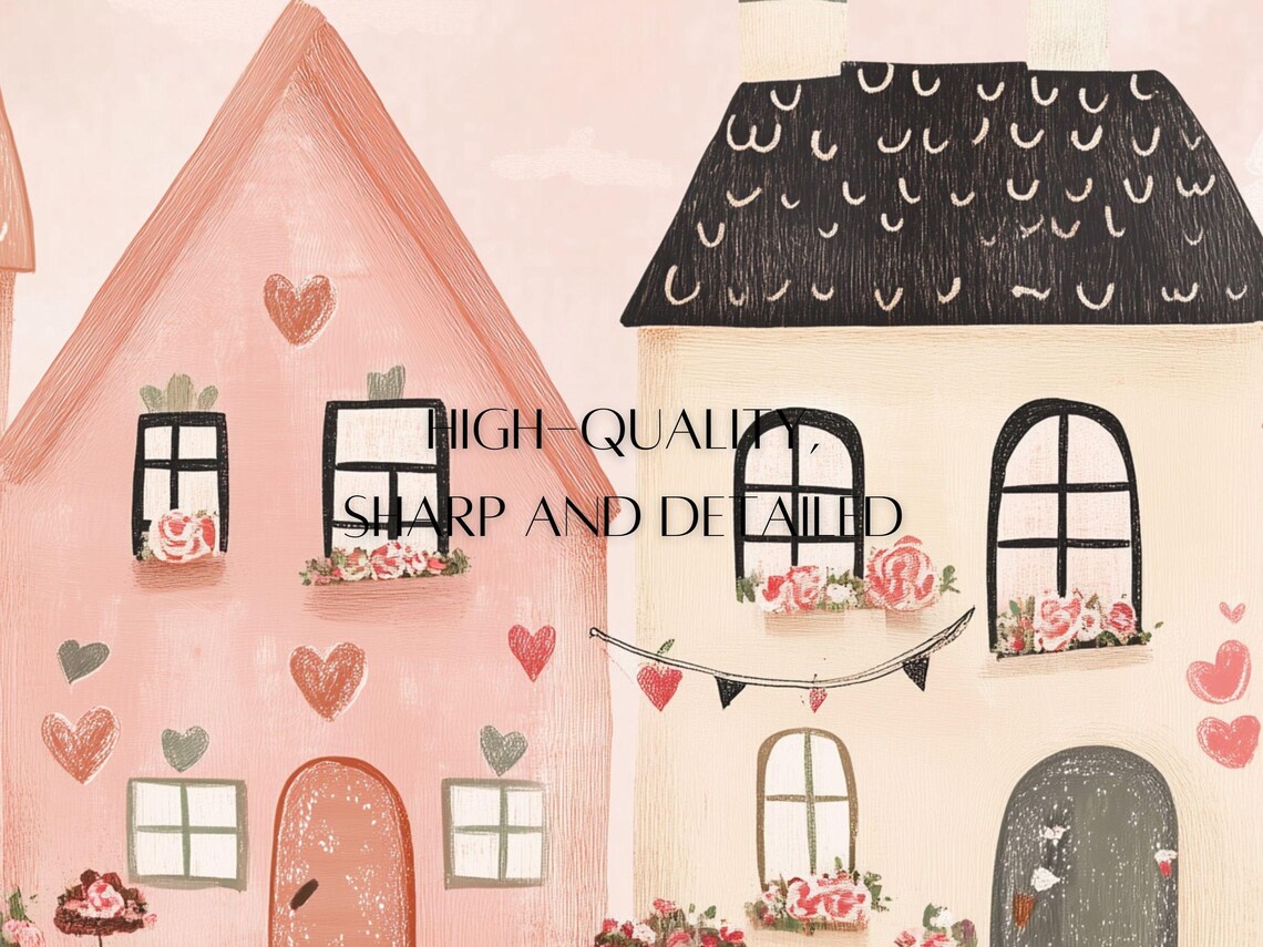 Pink Valentine's Town Houses Heart Garlands Charming Street Poster - Image 3