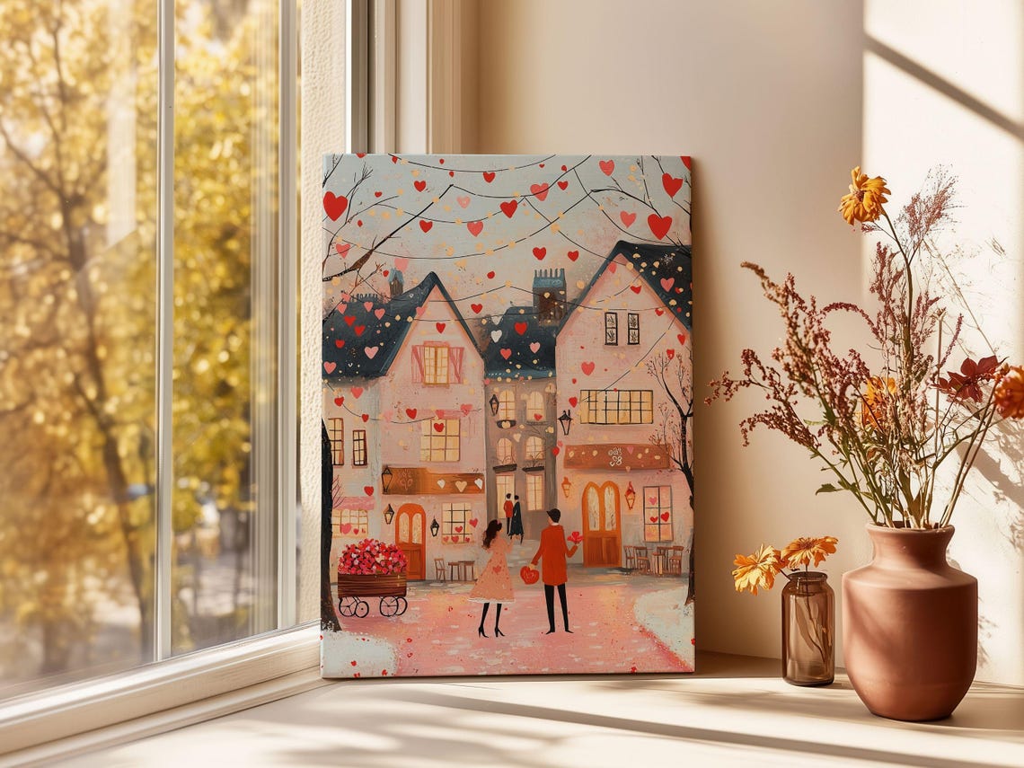 Romantic Couple Holding Hands Valentines Town Heart Decor Poster