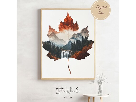 Autumn Maple Leaf With Mountain Waterfall Landscape Nature Art Poster