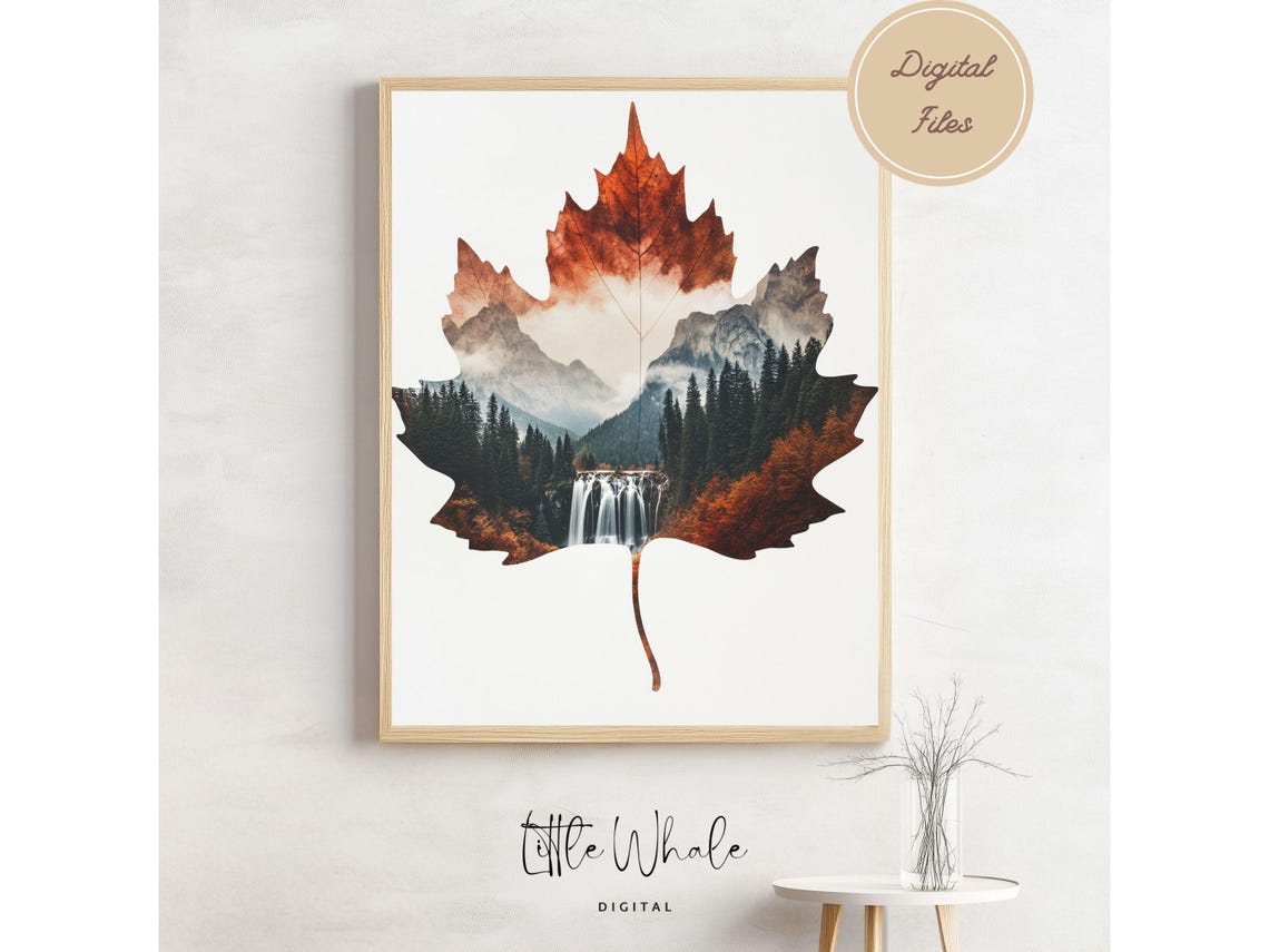 Autumn Maple Leaf With Mountain Waterfall Landscape Nature Art Poster