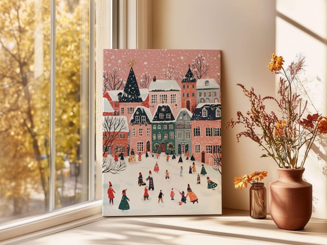Pink Snowy Christmas Town With Ice Skaters Holiday Village Poster - Image 3