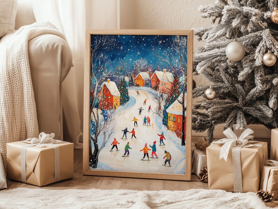 Magical Night Ice Skating Scene In A Snowy Christmas Village Poster