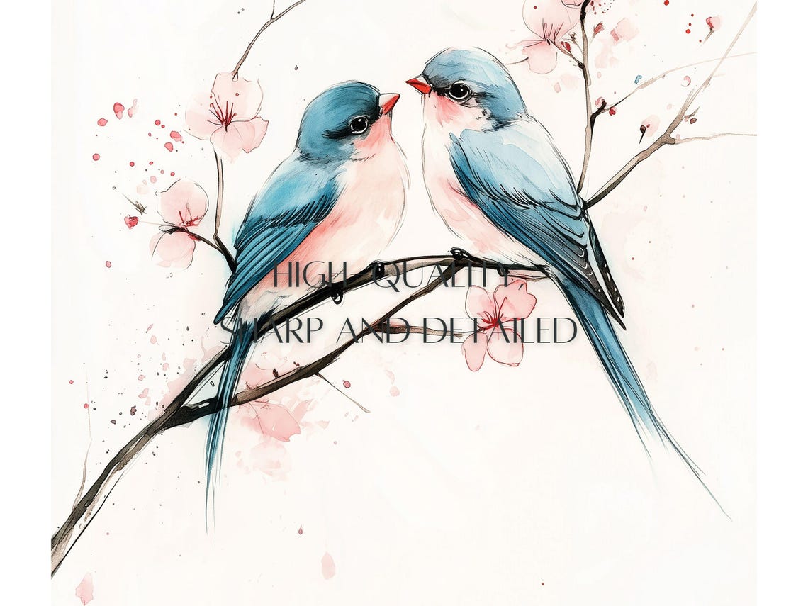 Watercolor Lovebirds On Blossom Branch Spring Bird Art Poster - Image 3