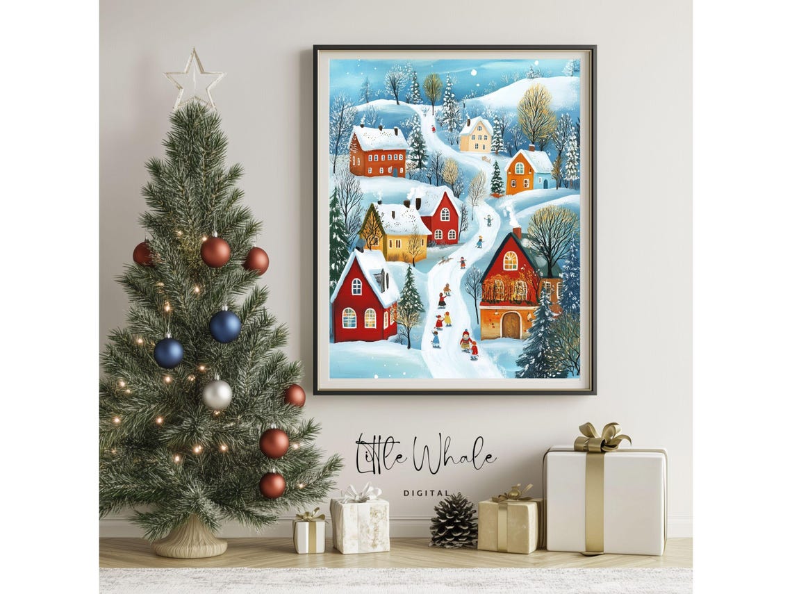 Snowy Christmas Village With Children Cozy Winter Night Poster - Image 2