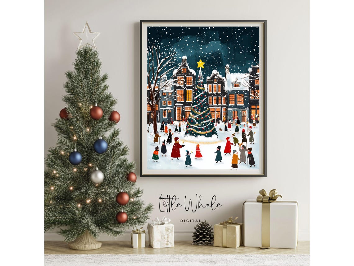 Christmas Tree Town Square Night Scene with Twinkling Lights Poster - Image 3