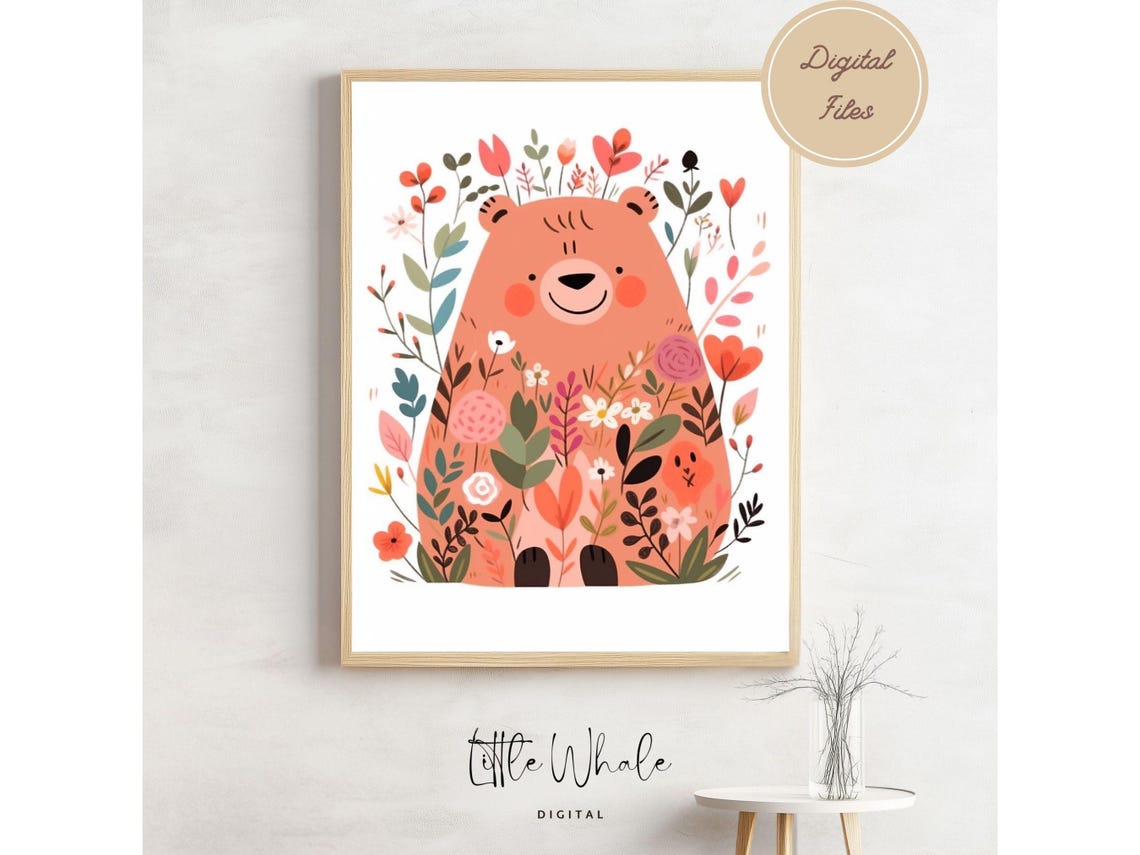 Cute Floral Coral Bear Nursery Wall Art Smiling Kids Room Decor Print