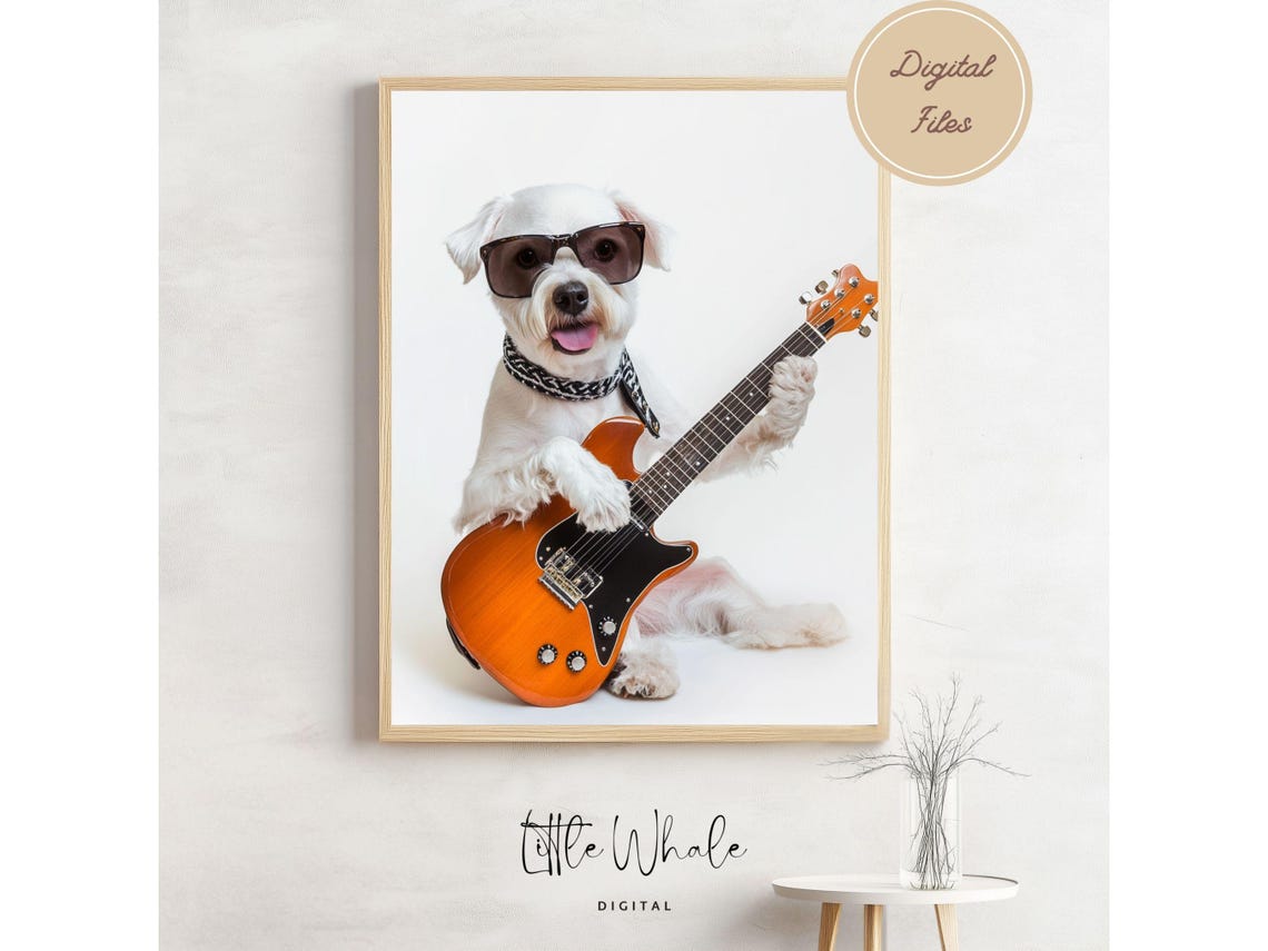 Funny White Dog Playing Electric Guitar Wearing Sunglasses Poster
