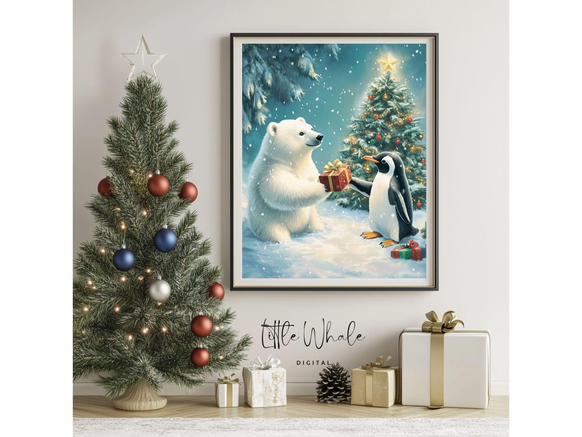 Polar Bear And Penguin Exchanging Gifts By Christmas Tree Poster - Image 3