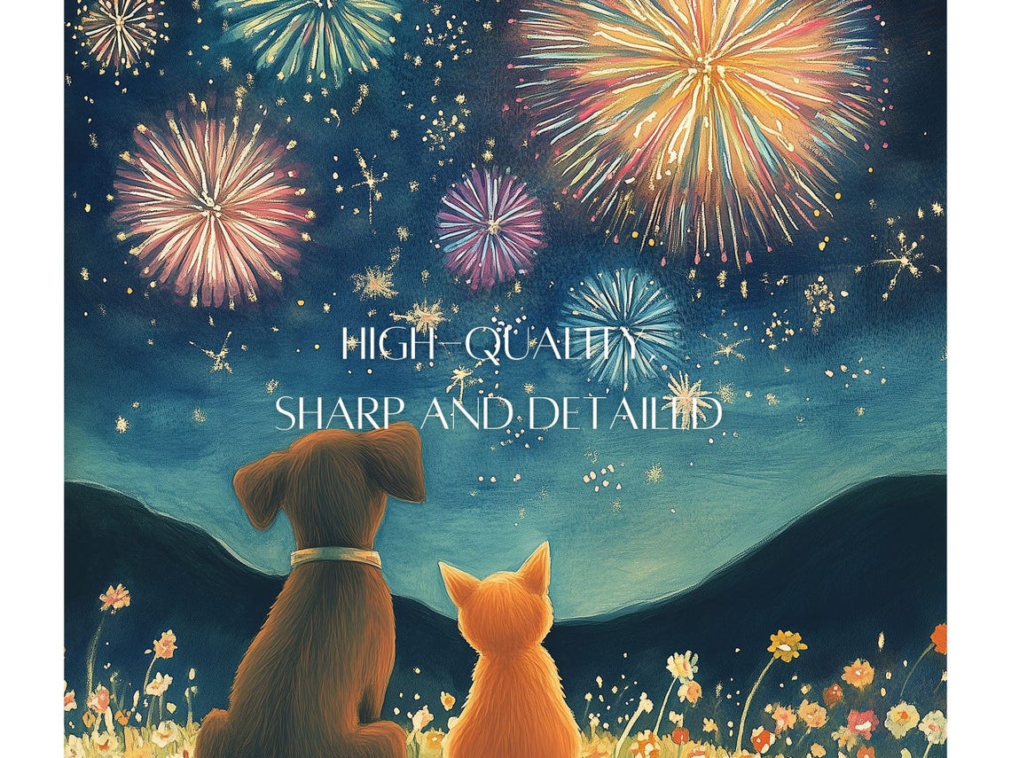 Dog and Cat Watching Fireworks in Wildflower Meadow Night Poster - Image 3