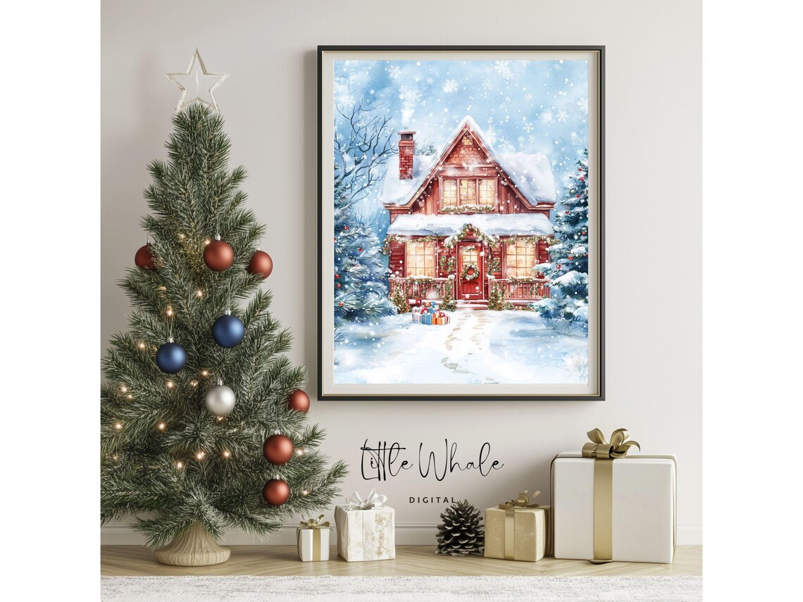 Cozy Red Cabin in the Snow with Gifts and Glowing Windows Poster - Image 3