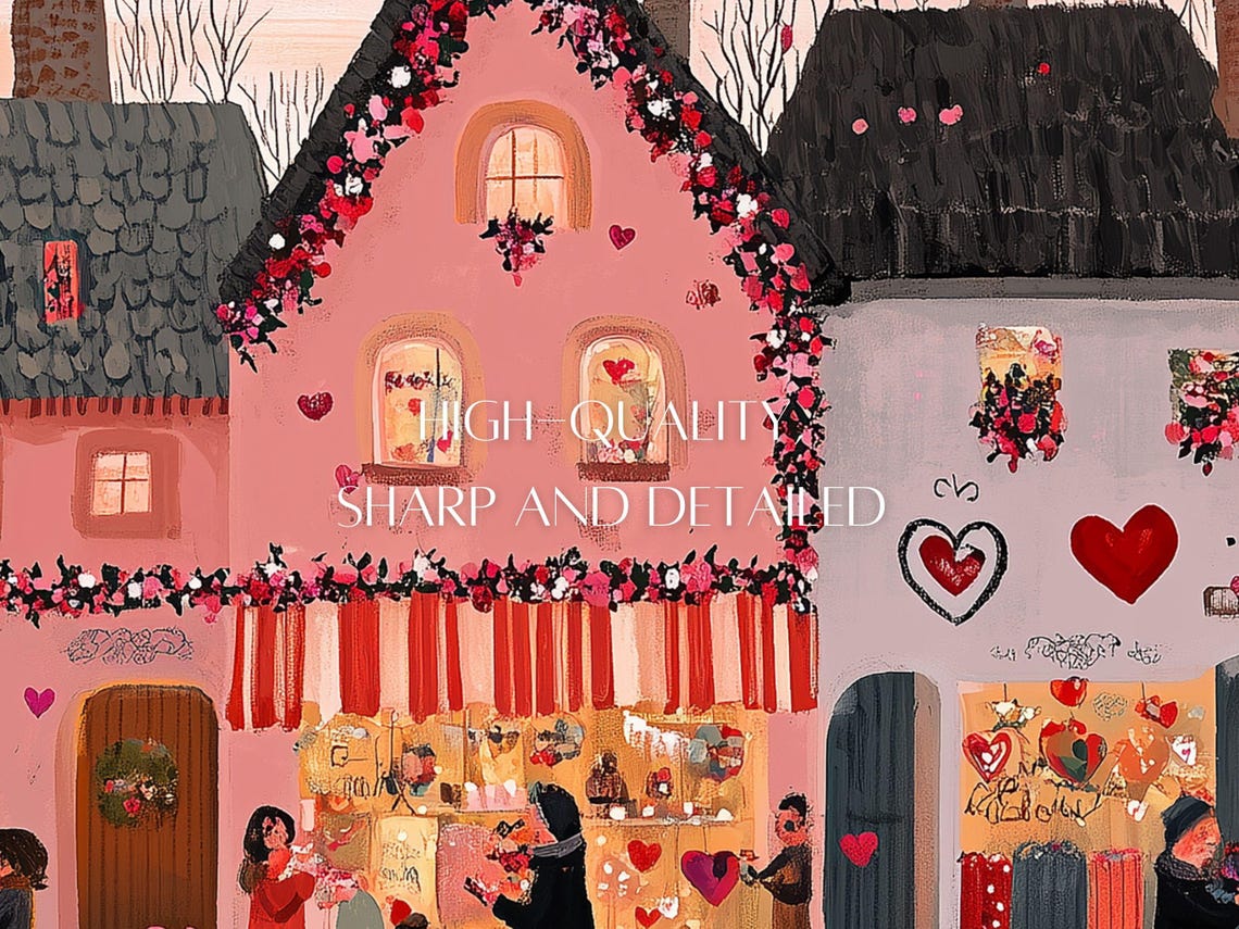 Valentine's Old Town Street Garland Decorated Houses Scene Poster - Image 3
