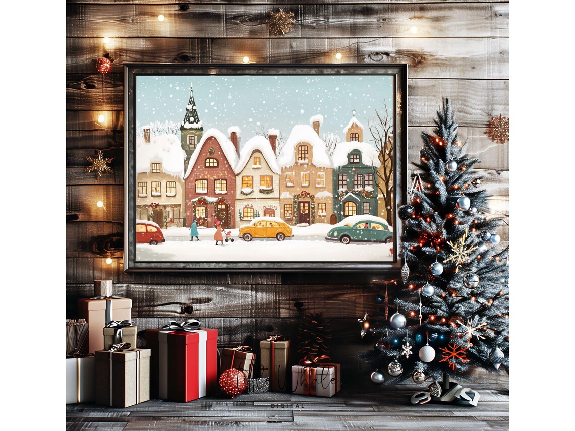 Snowy Old Town Street With Vintage Cars And Church Winter Poster