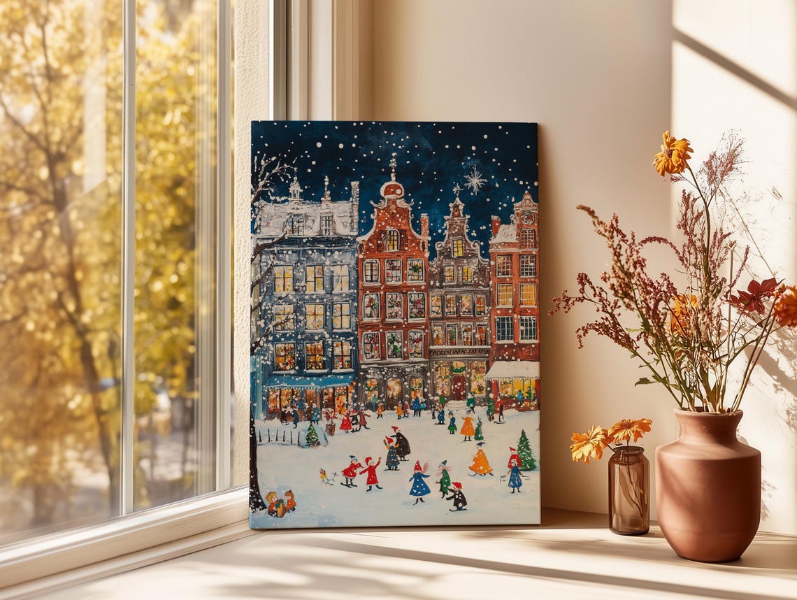 Snowy Historic Town Square At Night With People In Falling Snow Poster - Image 3