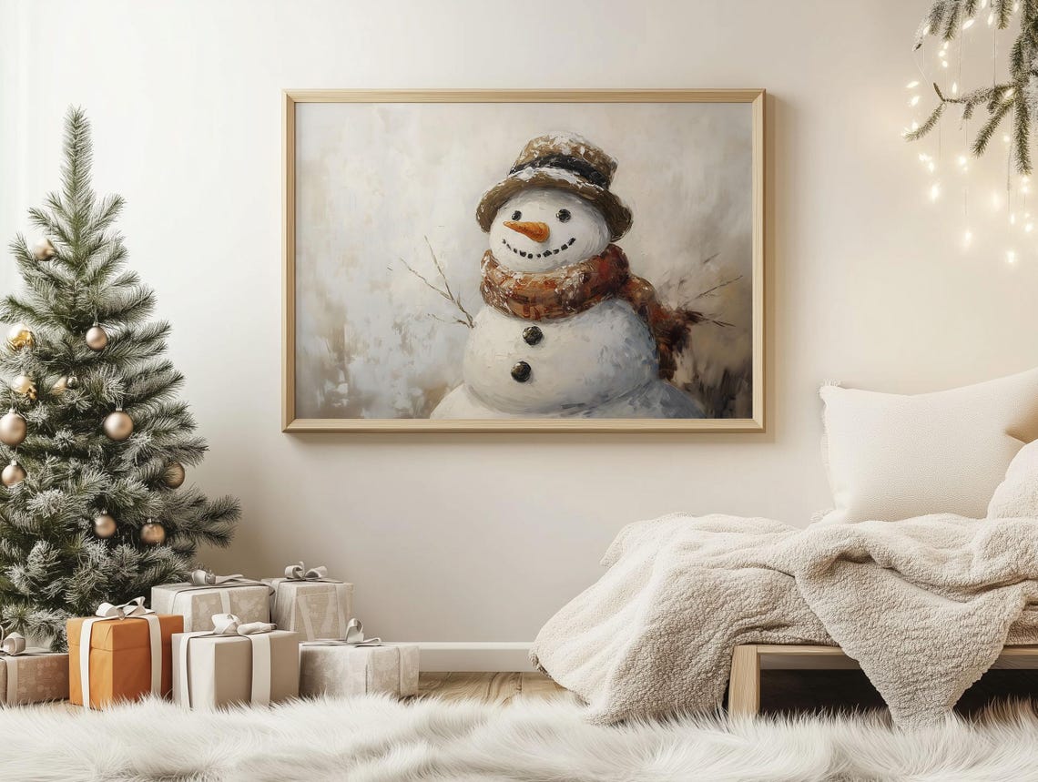 Vintage Snowman Oil Painting Print Antique Christmas Gallery Home Decor Cozy Holiday Season Farmhouse Wall Art Winter Wonderland Poster - Image 2