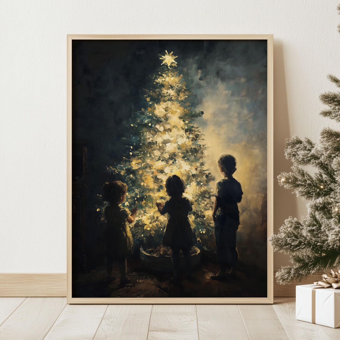 Children by a Glowing Christmas Tree Moody Night Oil Painting Poster - Image 2