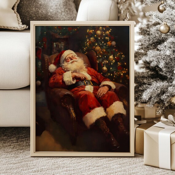 Santa Claus Sleeping Poster Vintage Holiday Season Home Decor Rustic Cottagecore Winter Wonderland Evening Print Moody Artwork