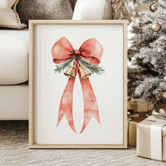 Cute Christmas Coquette Print Vintage Red Ribbon Gallery Art Decor Holiday Season Poster Minimal Winter Jingle Bell Wall Art