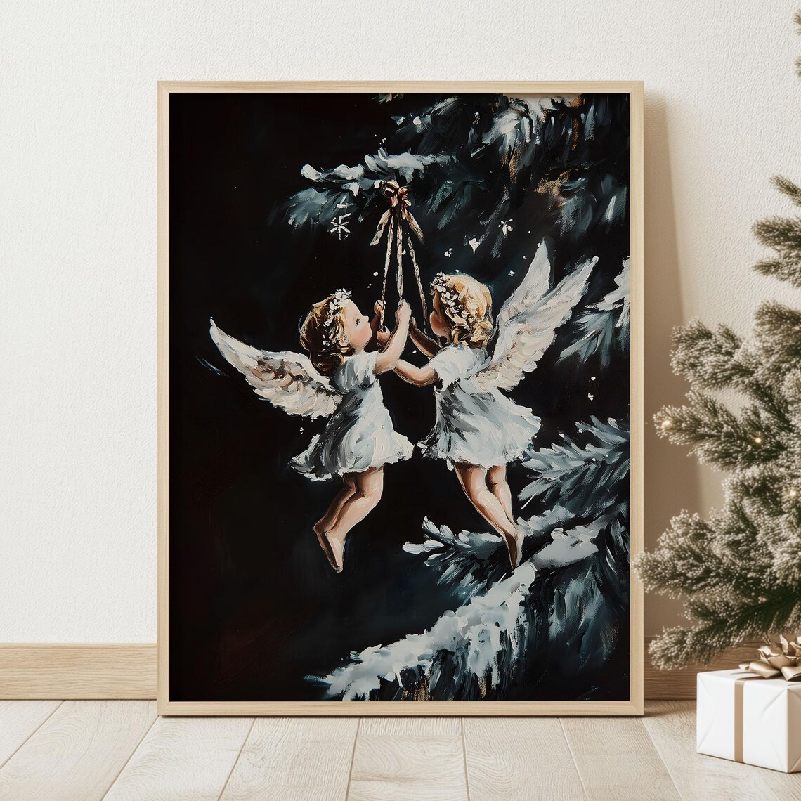 Moody Christmas Angels Ornament Poster Dark Holiday Season Gallery Art White Winter Eve Fantasy Cottageocre Print Snowy Oil Painting - Image 2