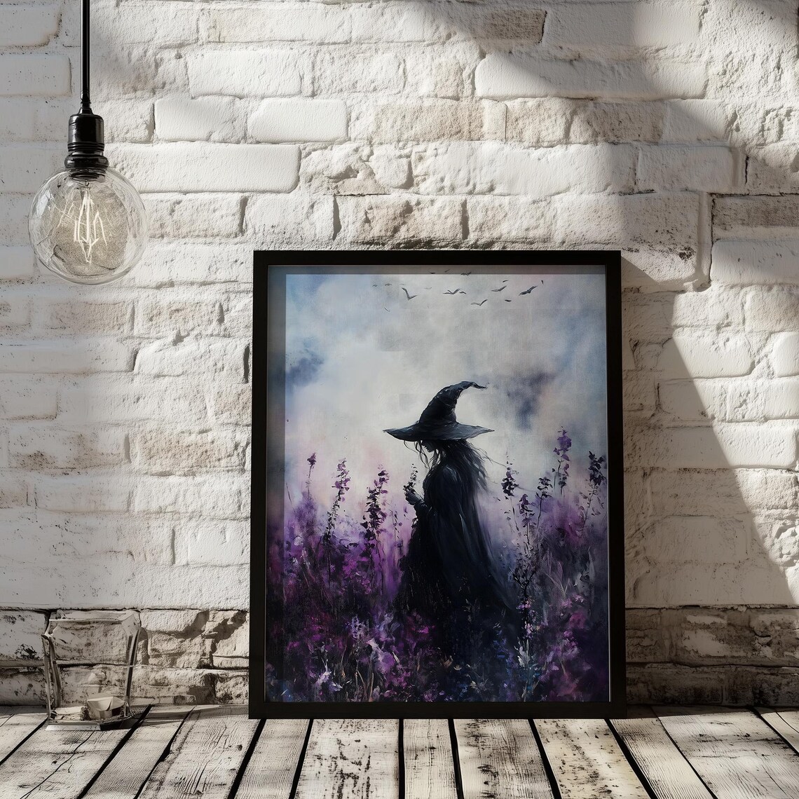 Moody Witch in Purple Wildflowers Watercolor Halloween Art Poster - Image 2