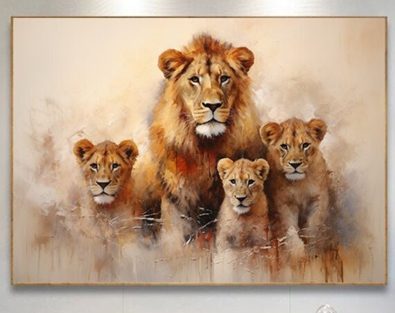 Male Lion With Three Cubs Warm Tone Wildlife Oil Painting Poster