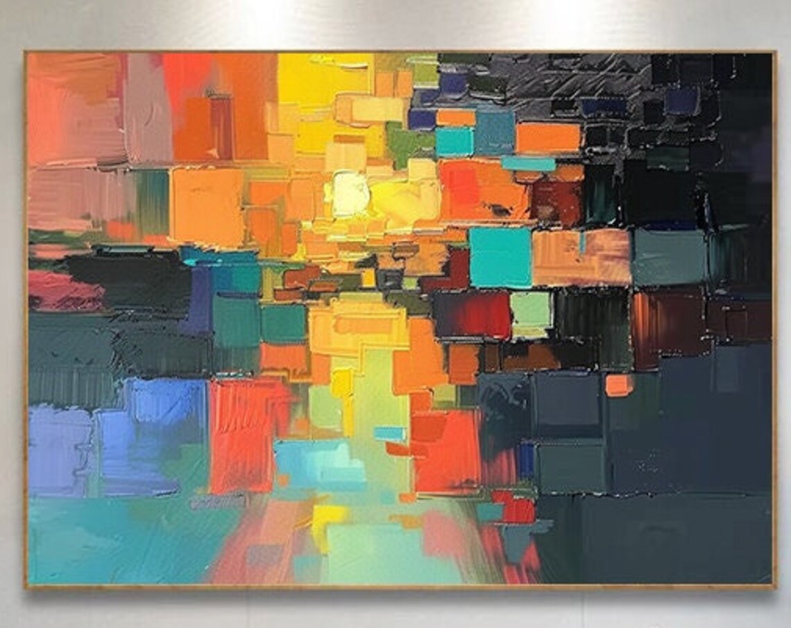 Vibrant Pixel Block Sunset Abstract City Glow Painting Poster