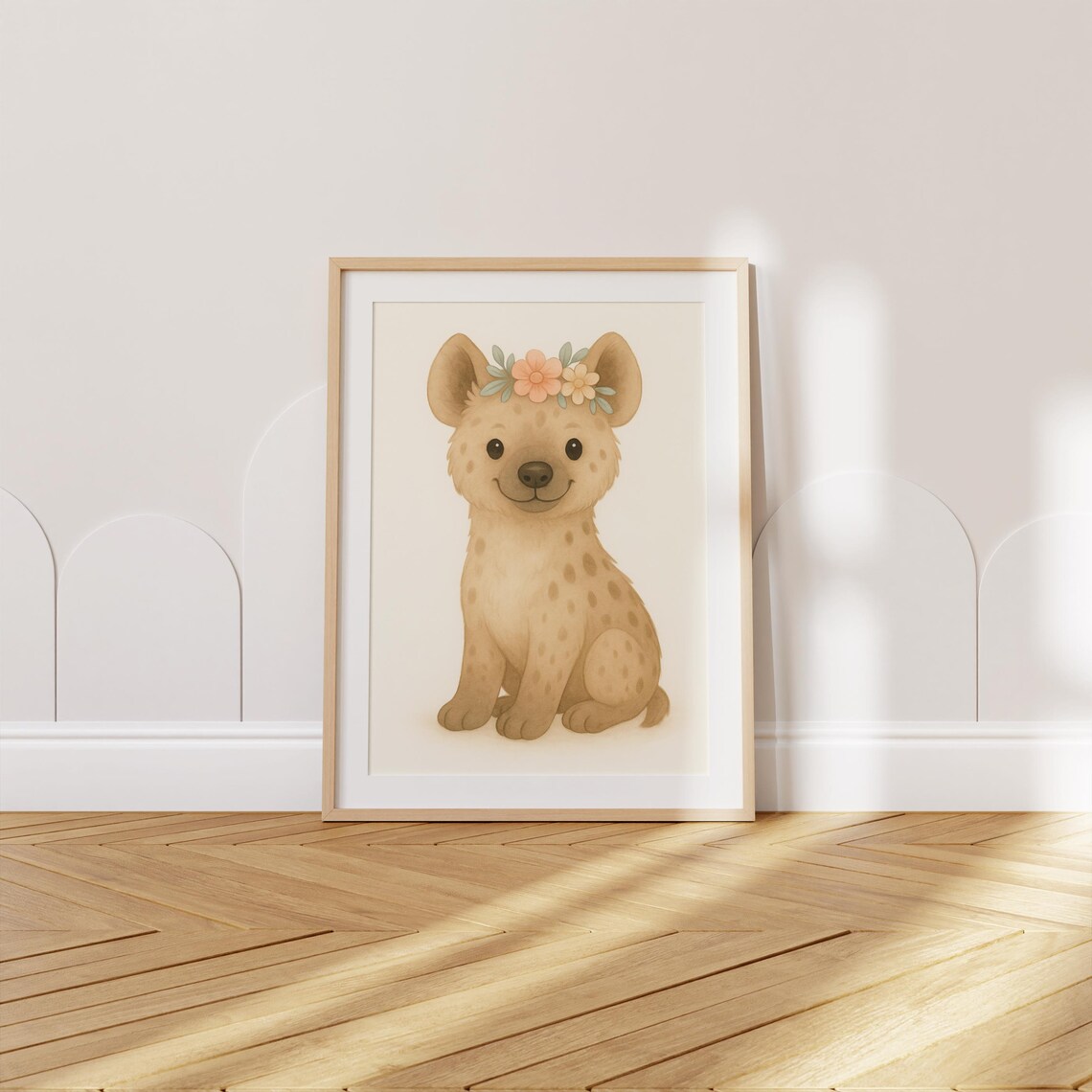 Baby Hyena Wearing Flower Crown Cute Safari Nursery Kids Room Poster